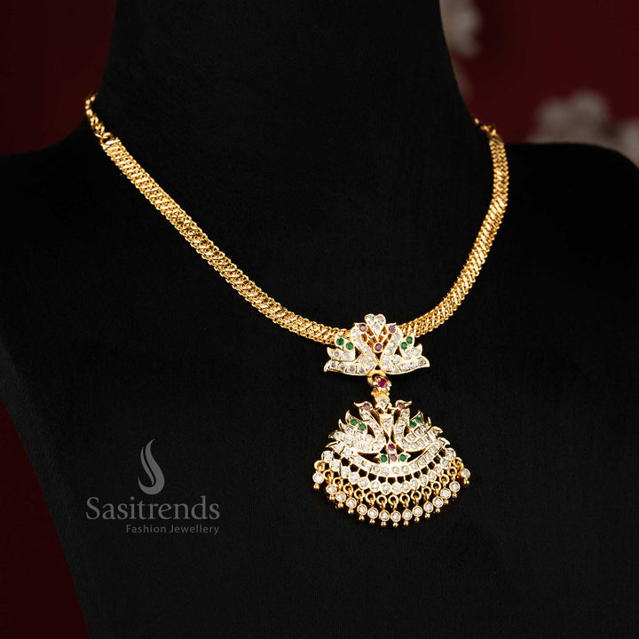 Grand micro gold plated addigai necklace with colourful stones and ornate duck motifs, perfect jewellery for bridal saree and festive celebrations - Sasitrends