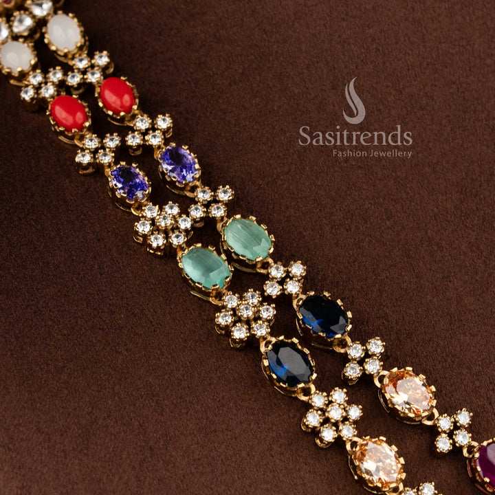 Royal navarathna American diamond double layer floral necklace set, stylish jewellery for wedding and cultural celebrations - Sasitrends
