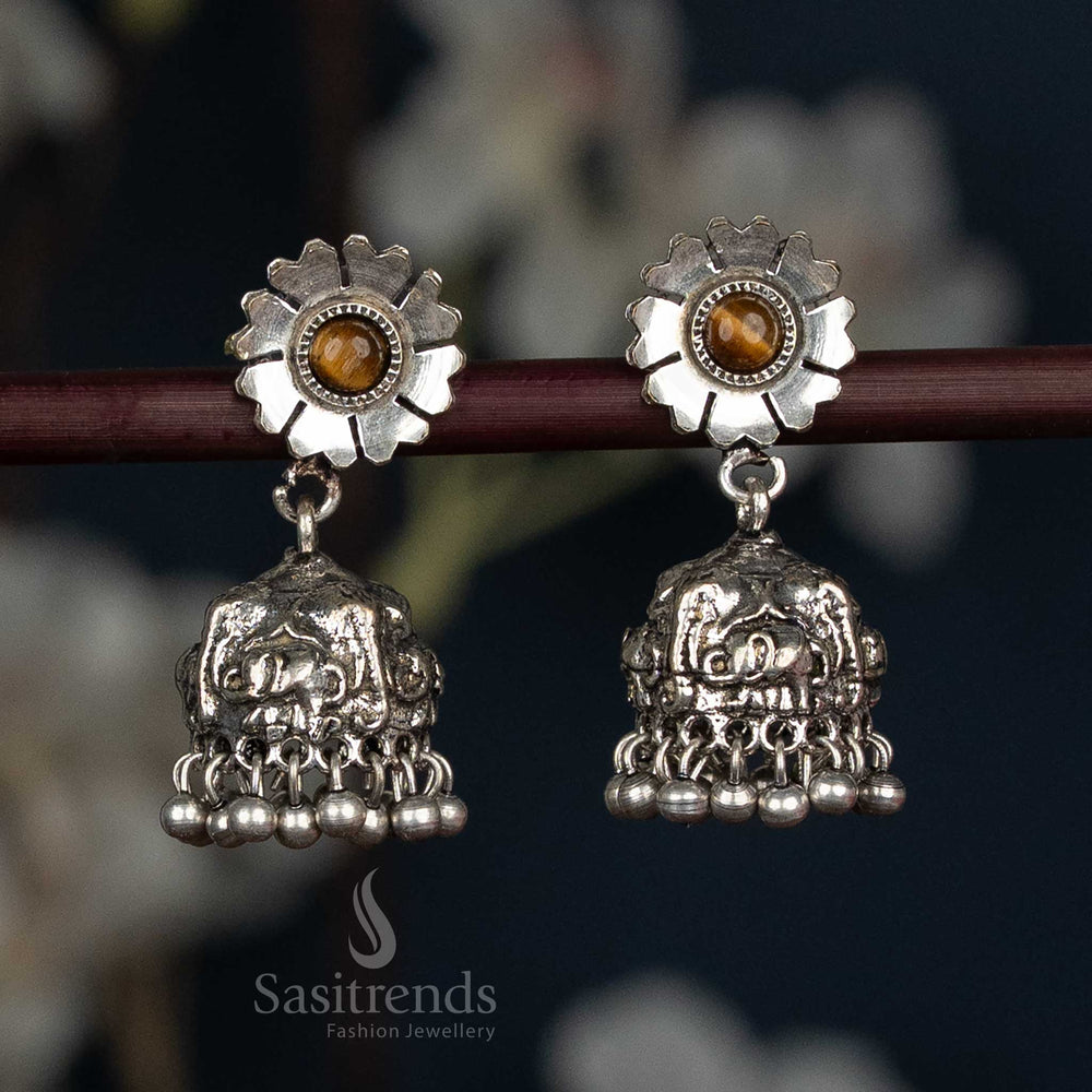 Rustic Oxidised Silver Jhumka Earrings With Floral Studs, Elephant Carvings, And Brown Beads, A Perfect Match For Cultural Programs And Ethnic Gatherings – Sasitrends