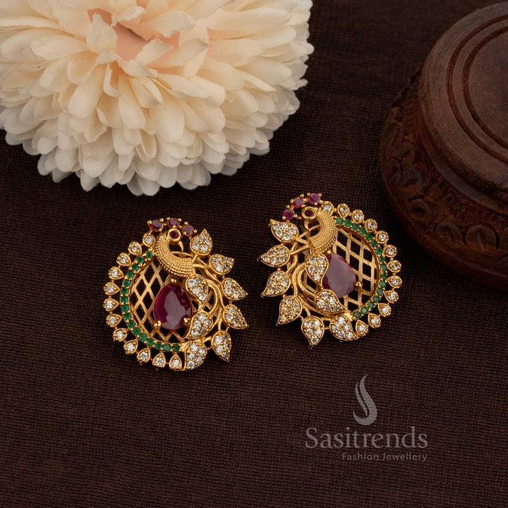 Feathered Elegance Peacock Stud Earrings-Temple Matte Gold Plated AD Earrings | Sasitrends