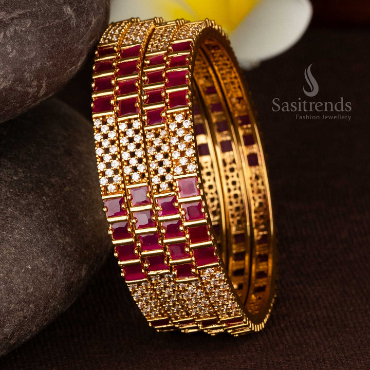 Traditional micro gold plated American diamond CZ stone studded white ruby bangles with heritage grace jewellery - Sasitrends