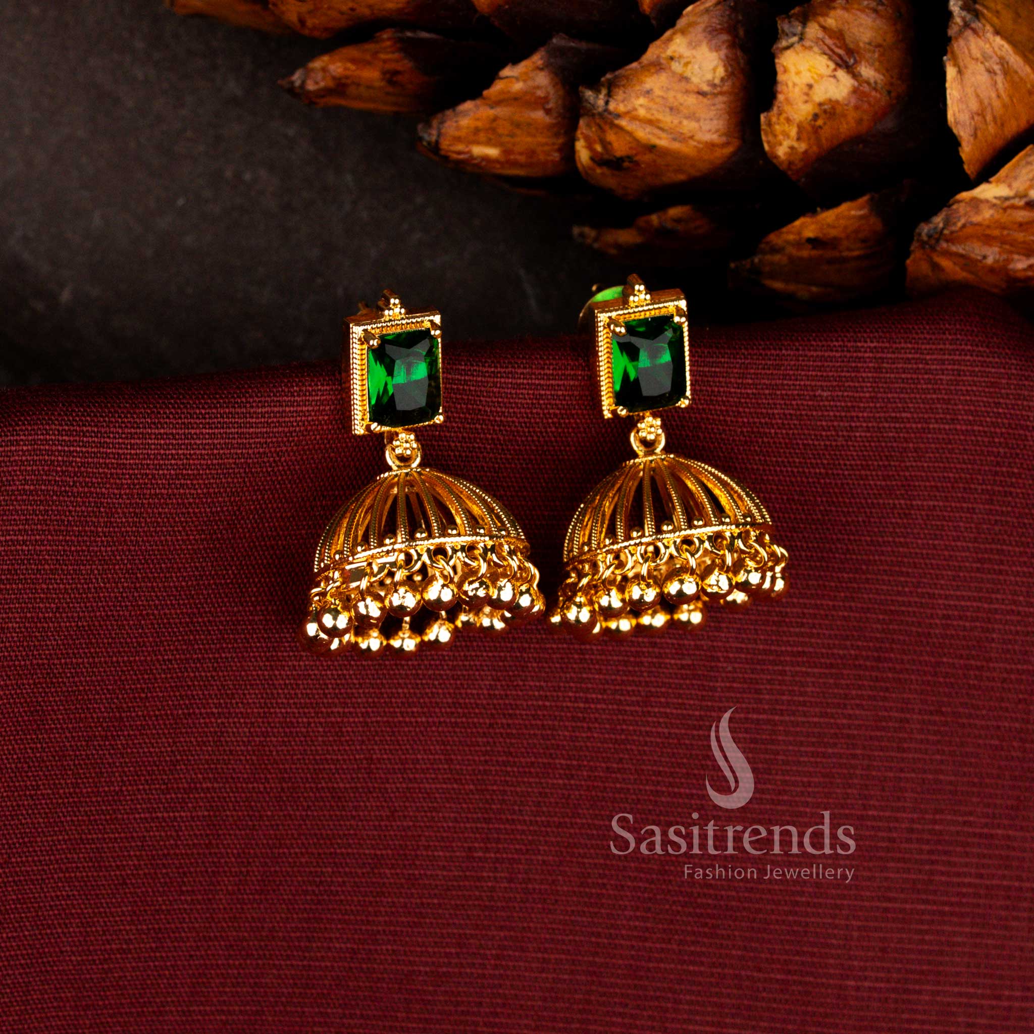 Attractive micro gold plated rectangular stone jhumka earrings in green showcasing traditional bell dome hanging design with refined festive golden finish for celebrations – Sasitrends
