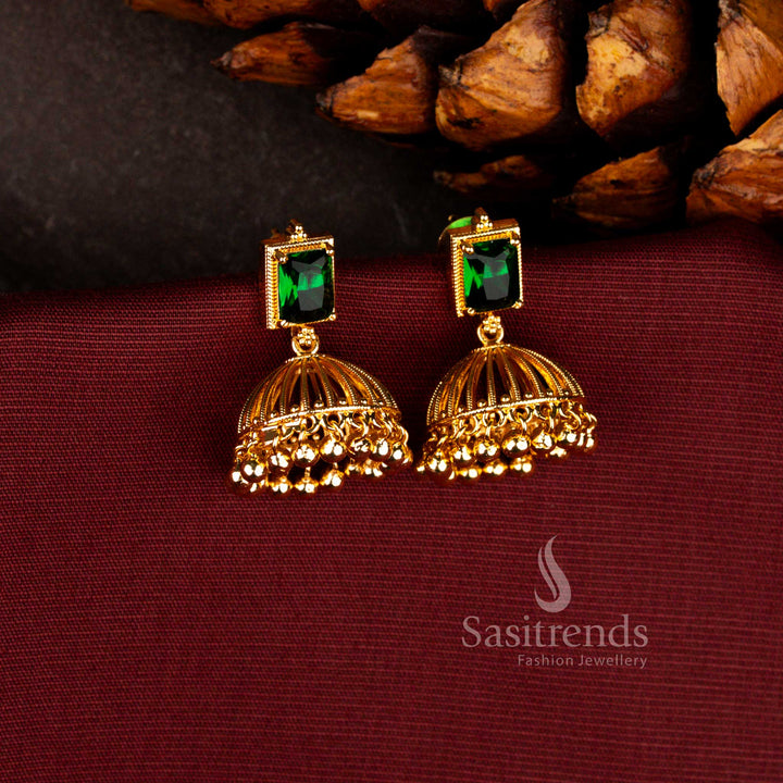 Attractive micro gold plated rectangular stone jhumka earrings in green showcasing traditional bell dome hanging design with refined festive golden finish for celebrations – Sasitrends
