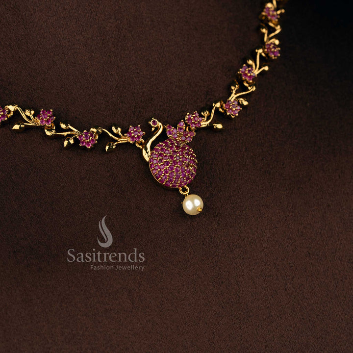 Graceful ruby matte gold peacock feather AD necklace set, beautiful accessory for festive occasions - Sasitrends