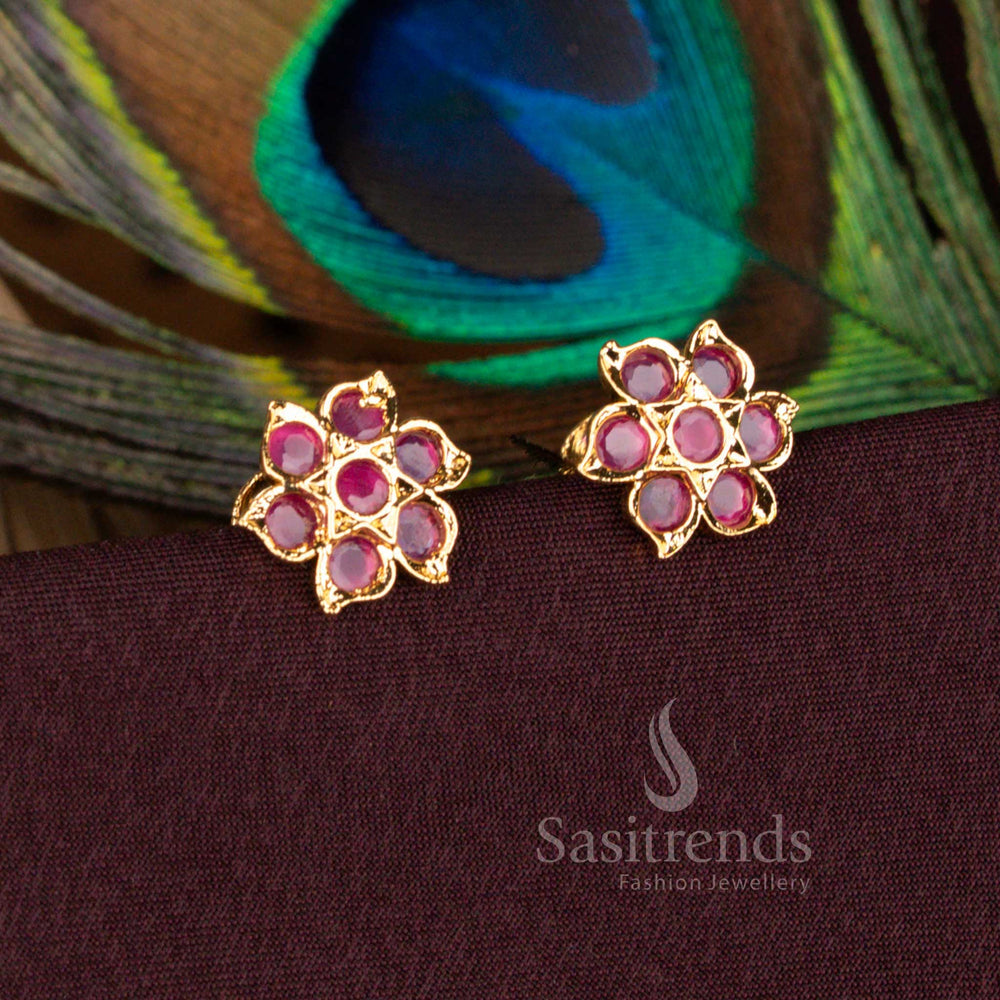 Ruby Impon Addigai Flower Stud Earrings Micro Gold Plated Screw Type With AD Stones High Quality Guaranteed – Sasitrends