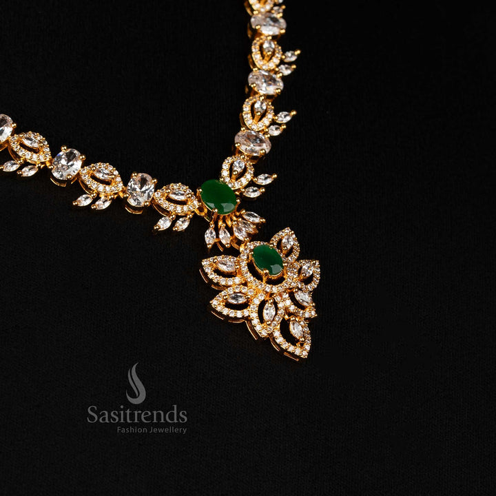 Grand White Green American Diamond Micro Gold Plated Floral Leaf Necklace Set With Oval Accents And Elegant Jewellery Look - Sasitrends