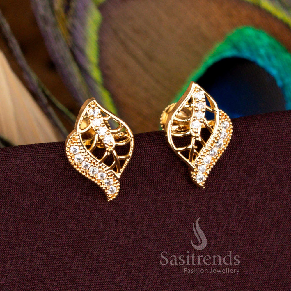 White AD Stone Leaf Designer Stud Earrings Screw Type Micro Gold Plated With 24K Carat Pure Gold Finish – Sasitrends