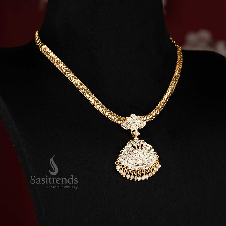 Charming white micro gold peacock pattern attigai necklace with radiant diamond-inspired pendant feature, stylish jewellery selection for festive dressing and ethnic elegance - Sasitrends