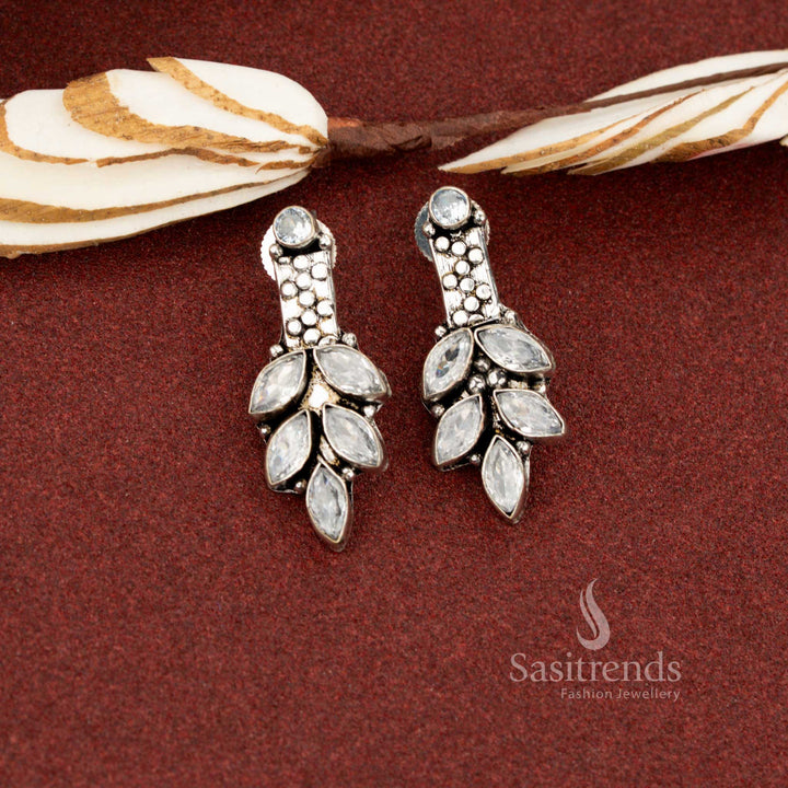 Classic white oxidised marquise leaf cluster stone earrings ideal for clean office elegance and minimal formal wear – Sasitrends