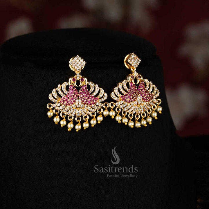 Elegant white ruby micro gold plated peacock lotus stud earrings, ideal jewellery for temple visits and festive wear - Sasitrends