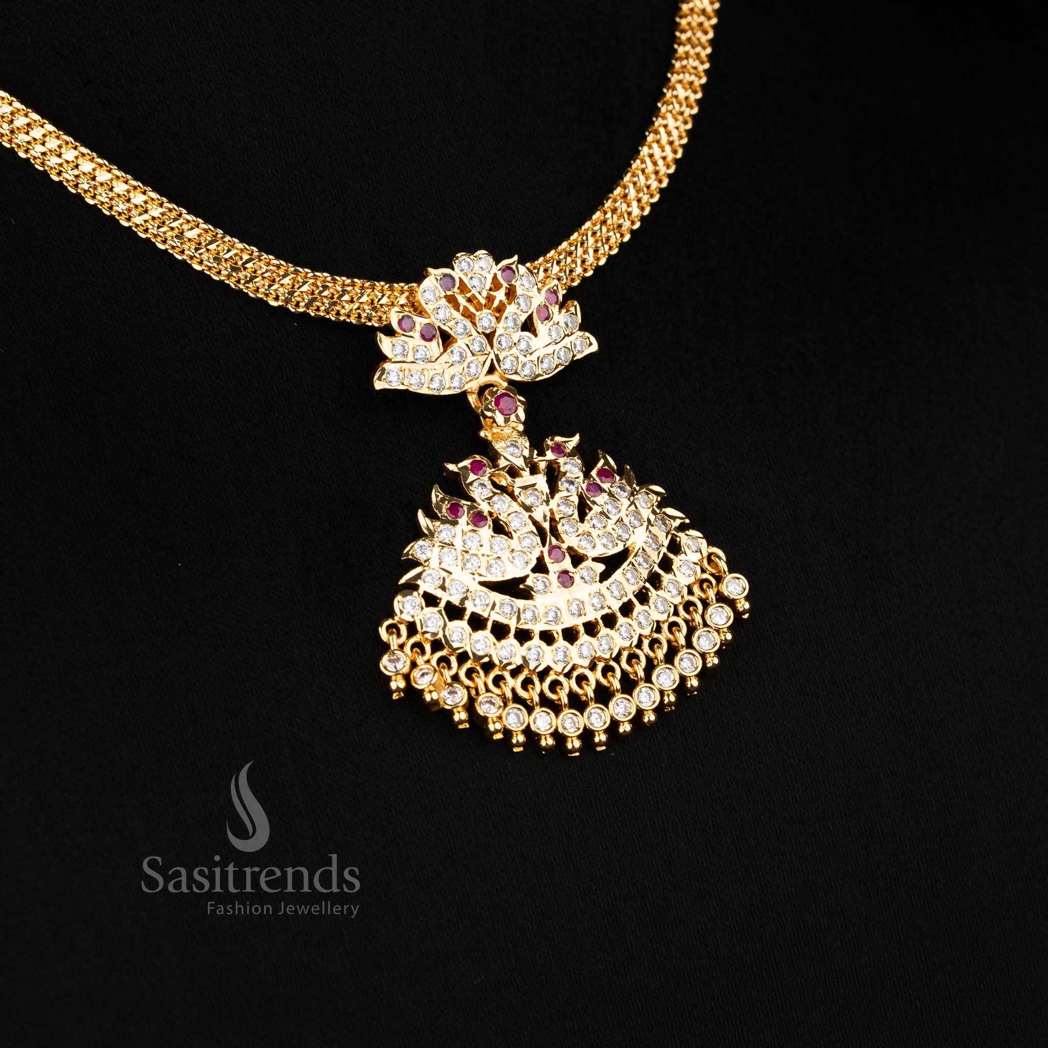 Graceful micro gold plated addigai necklace featuring small and big duck motifs with white ruby stones, perfect traditional jewellery for saree wear and festive occasions - Sasitrends