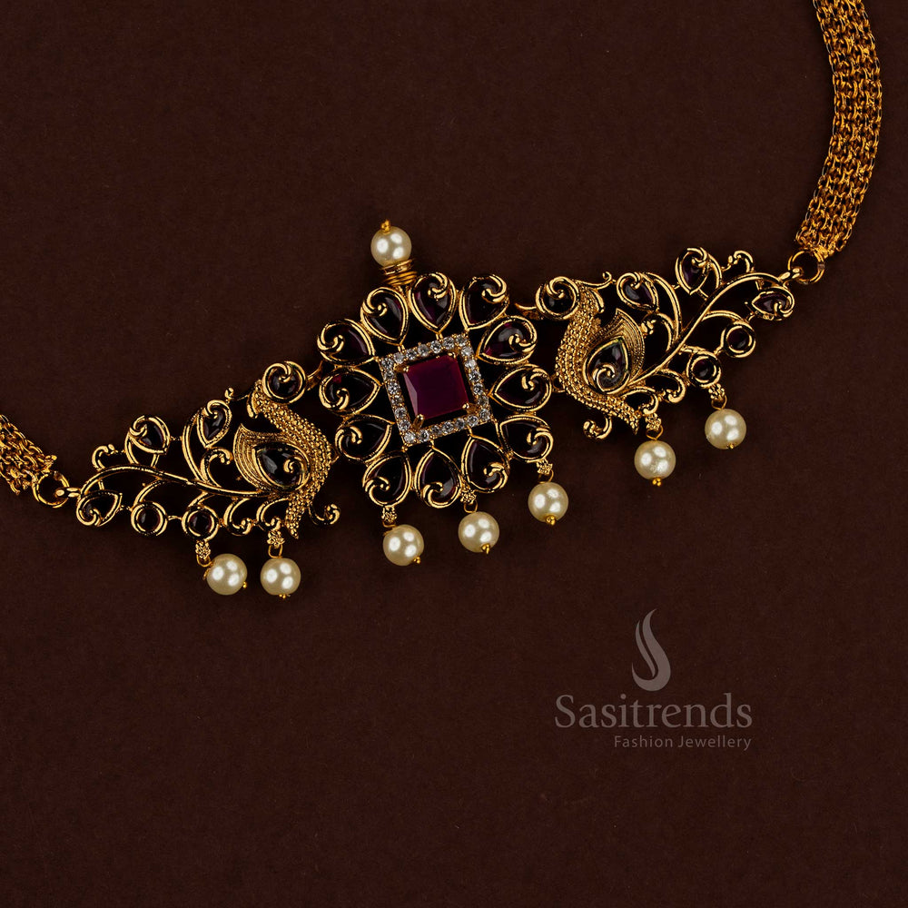 Graceful peacock square American diamond white ruby temple matte gold plated choker necklace set crafted for ethnic saree styling temple ceremonies and festive events - Sasitrends