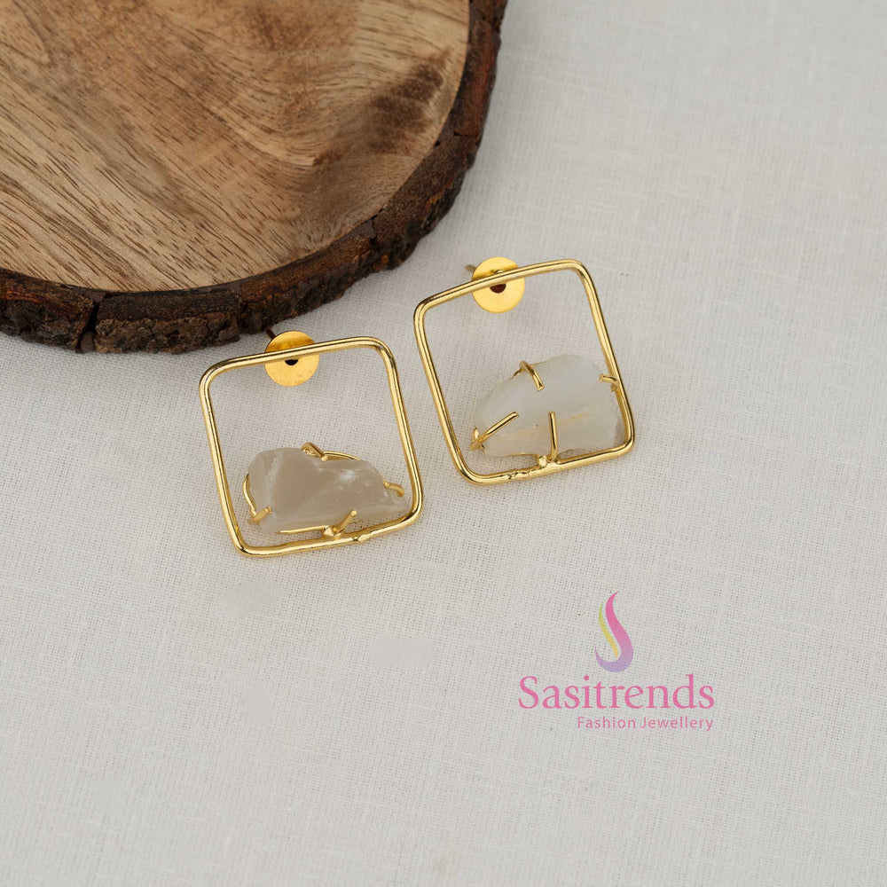 Classic white square natural stone gold plated earrings perfect for refined office wear minimal ethnic outfits and effortless everyday fashion - Sasitrends
