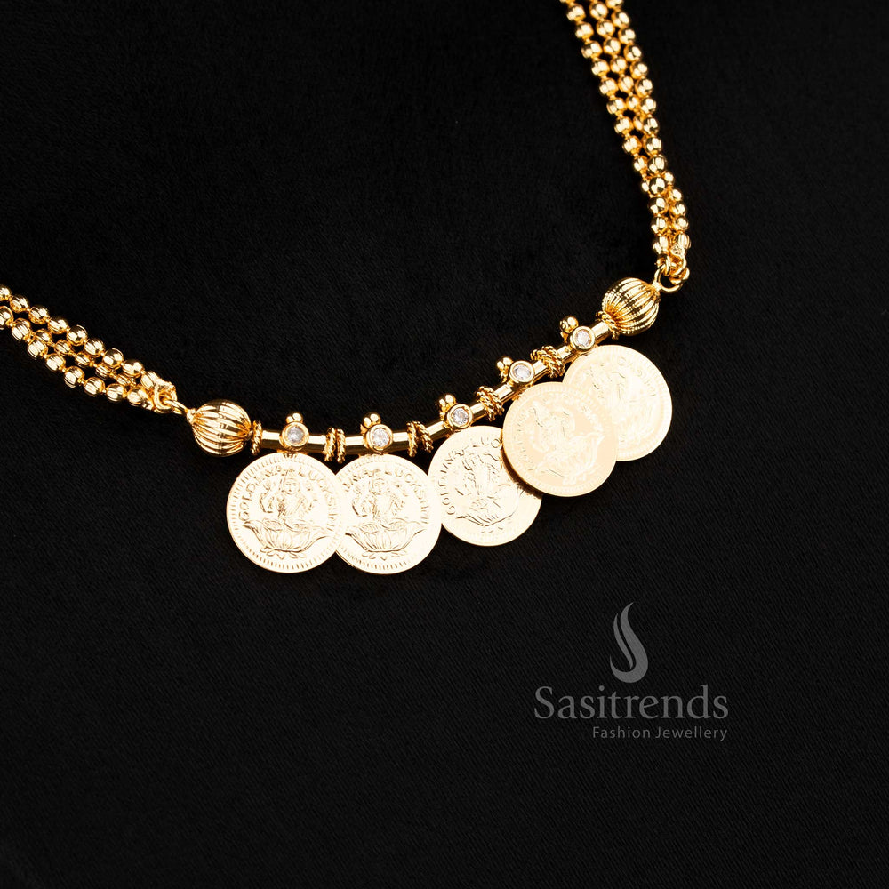 Traditional white micro gold Lakshmi coin layered necklace, elegant choice for ethnic outfits - Sasitrends
