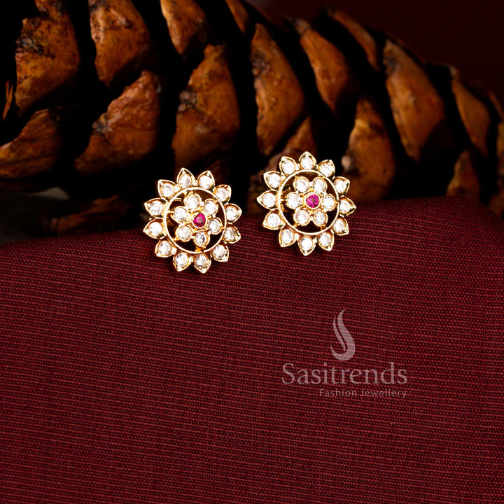 Heritage Impon earrings in white-ruby showcasing two tier floral AD arrangement with classic temple styling – Sasitrends