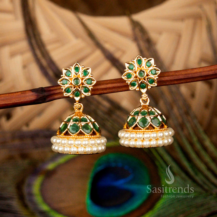 Opulent micro gold plated guaranteed ad stone floral dome pearl earrings in green for grand cultural ceremonies - Sasitrends