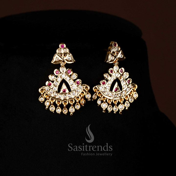 Radiant micro gold plated white ruby impon earrings displaying leaf floral artistry crafted for traditional festive looks - Sasitrends