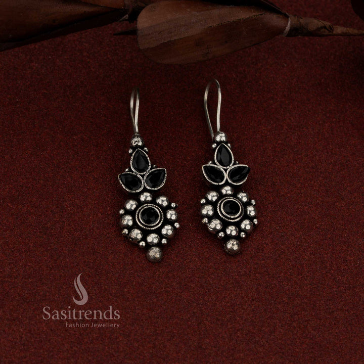Refined oxidised floral stone cluster fish hook drop earrings black ideal for professional styling, casual outings and everyday charm – Sasitrends