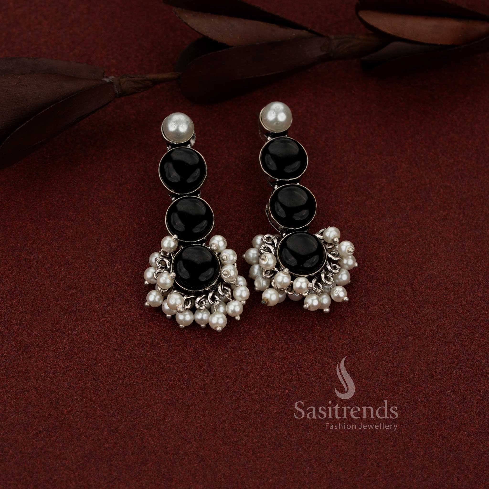 Refined oxidised silver 3 tier round stone with pearl drop earrings black perfect for professional styling, office dressing and casual outings – Sasitrends