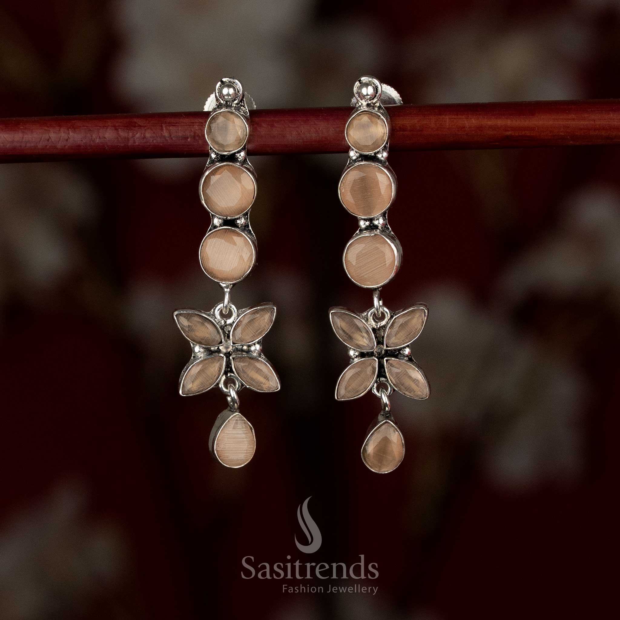 Elegant oxidised silver brown linear floral drop earrings perfect for subtle daily wear and neat office ensembles – Sasitrends