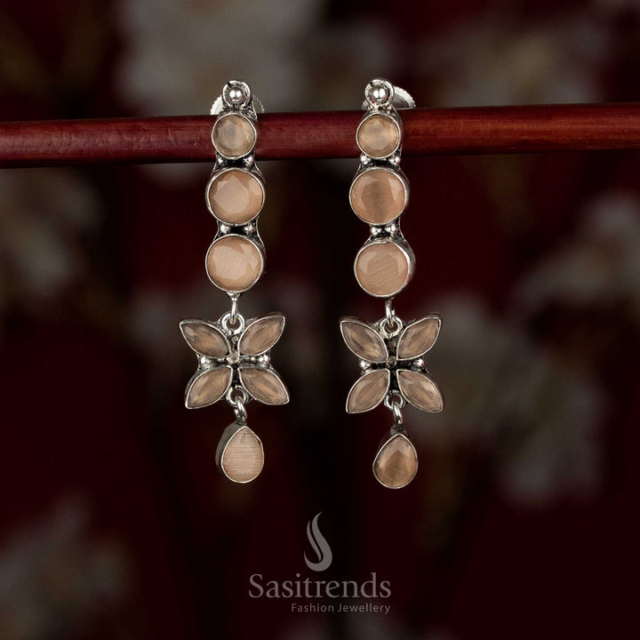 Elegant oxidised silver brown linear floral drop earrings perfect for subtle daily wear and neat office ensembles – Sasitrends