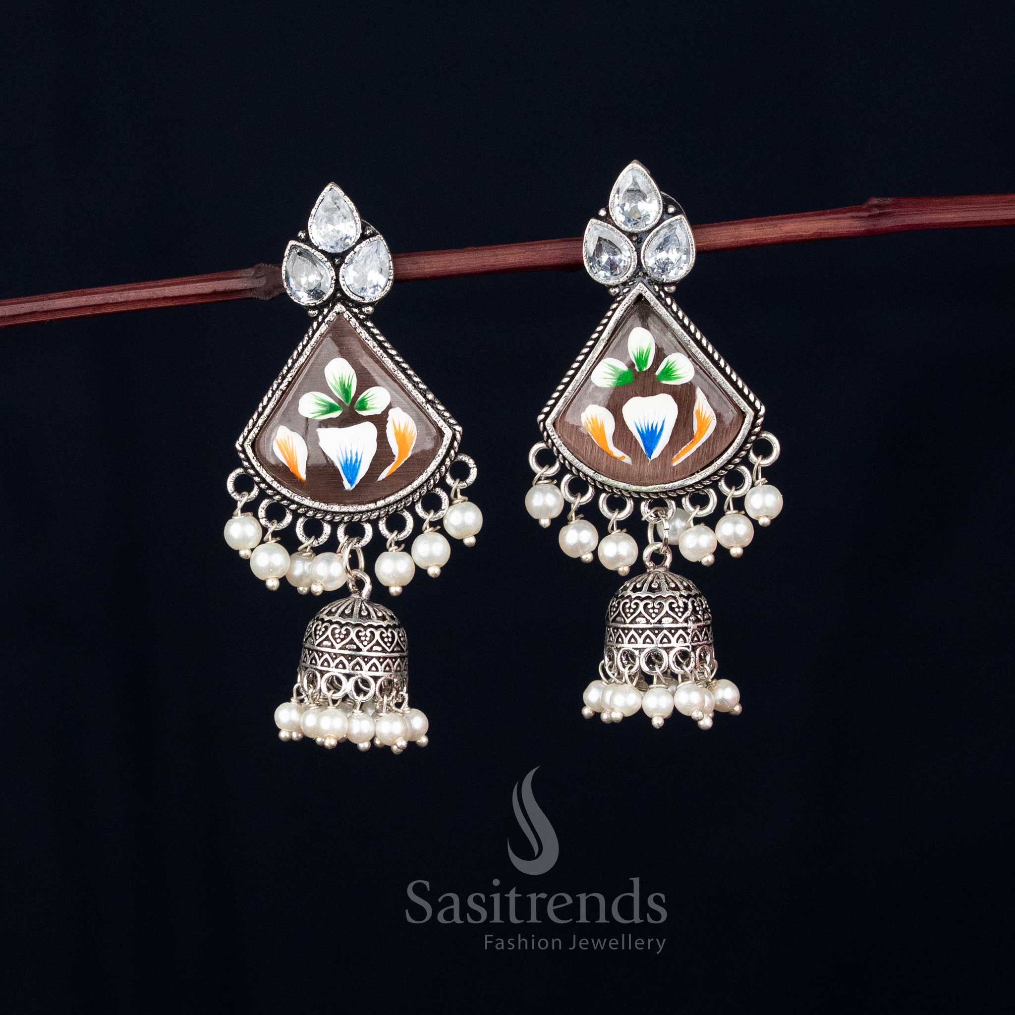 Earthglow oxidised brown Monalisa stone triangular jhumka earrings with pearl drops for Navaratri celebration looks – Sasitrends