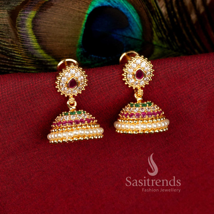 Vibrant multi micro gold plated teardrop and pearl dome jhumka earrings featuring American diamonds for glamorous festive glow – Sasitrends