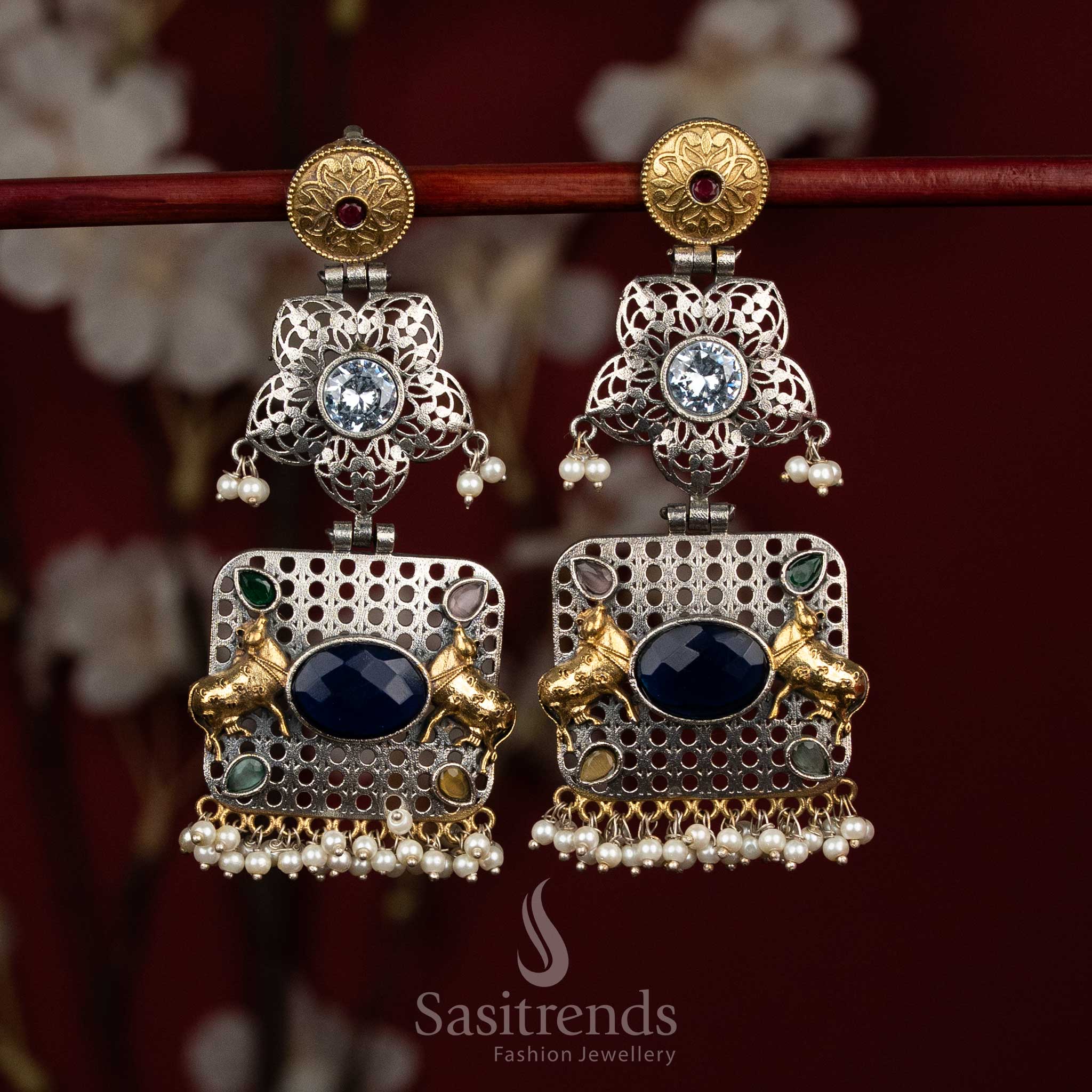 Vibrant antique oxidised 92.5 silver multi floral mandala Nandi bull panel earrings with oval Monalisa stones and linear pearl fringes - jewellery - Sasitrends