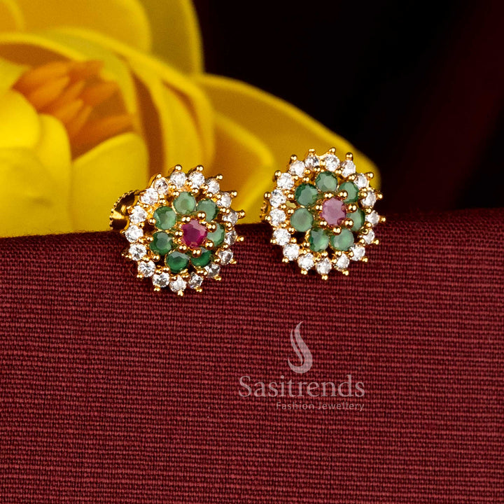 Vivid multi micro gold plated AD circular flower stud earrings for ceremonial, festive, and traditional occasions, ideal with silk saree and half saree dressing - Sasitrends