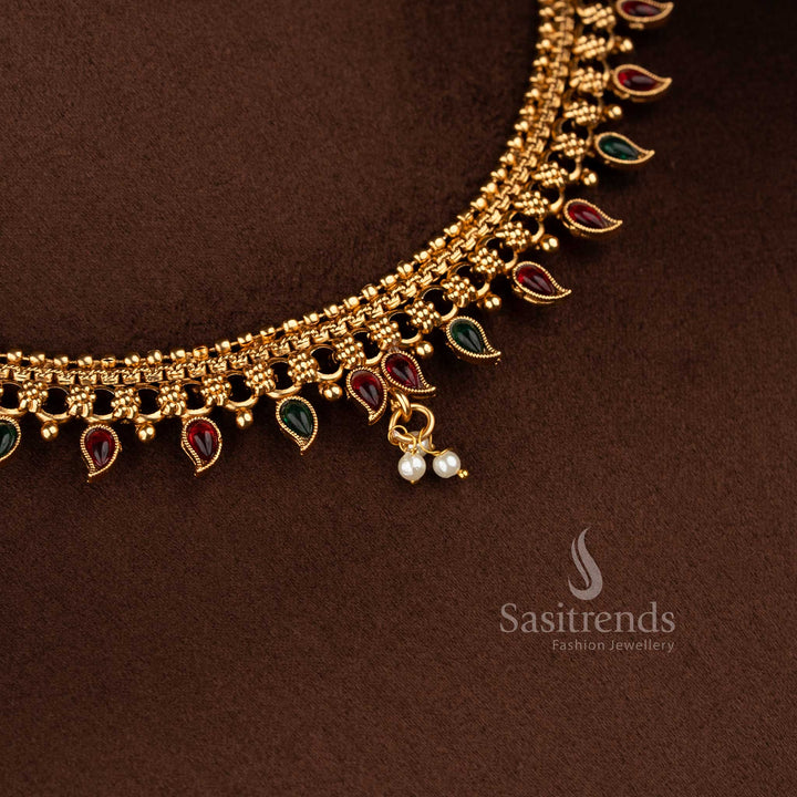 Festive ruby green timeless classic matte gold plated mango paisley pearl necklace set for celebrations – Sasitrends