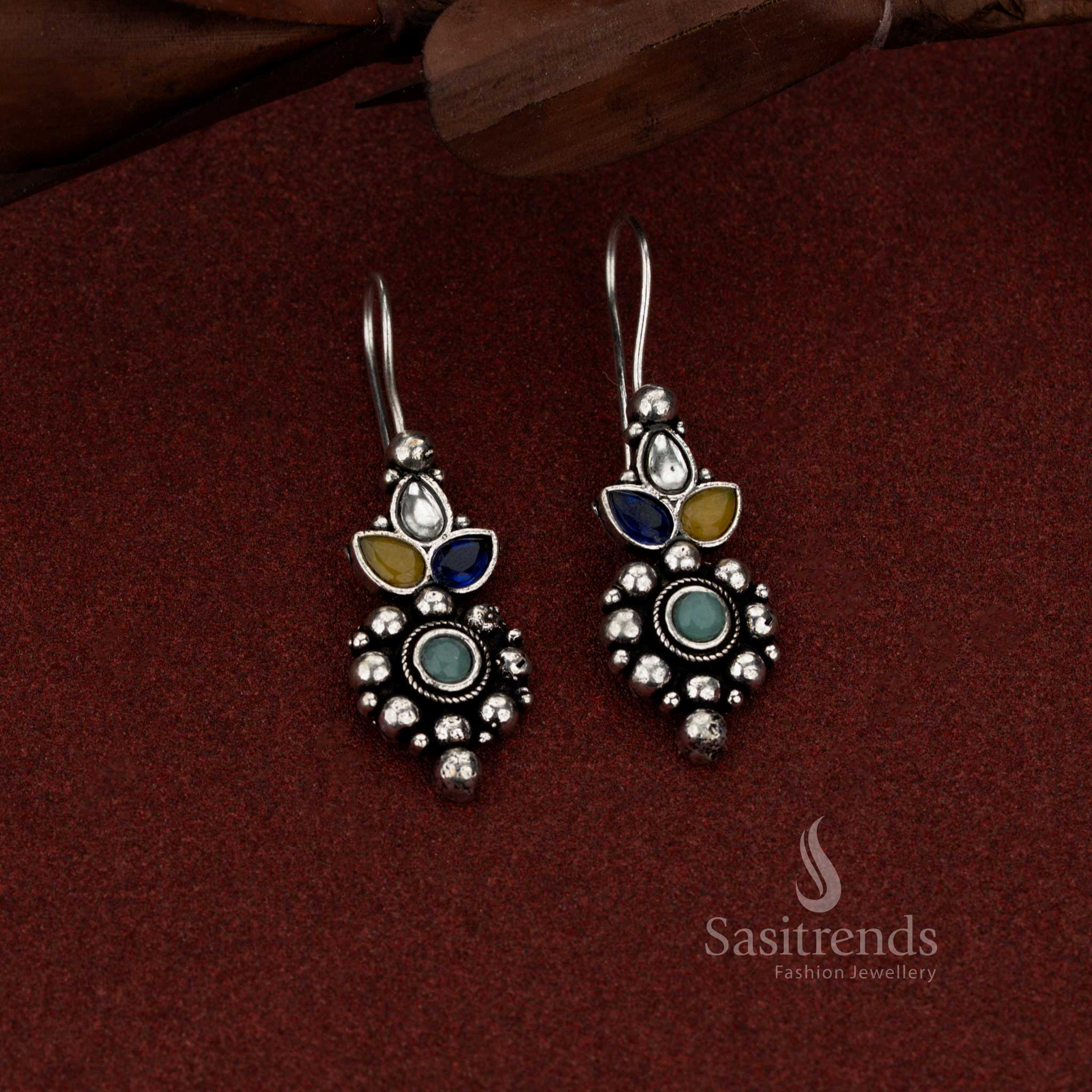 Stylish oxidised floral stone cluster fish hook drop earrings multi ideal for office, casual outings and everyday chic styling – Sasitrends