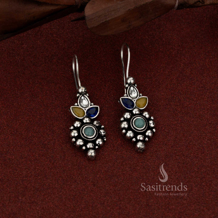 Stylish oxidised floral stone cluster fish hook drop earrings multi ideal for office, casual outings and everyday chic styling – Sasitrends