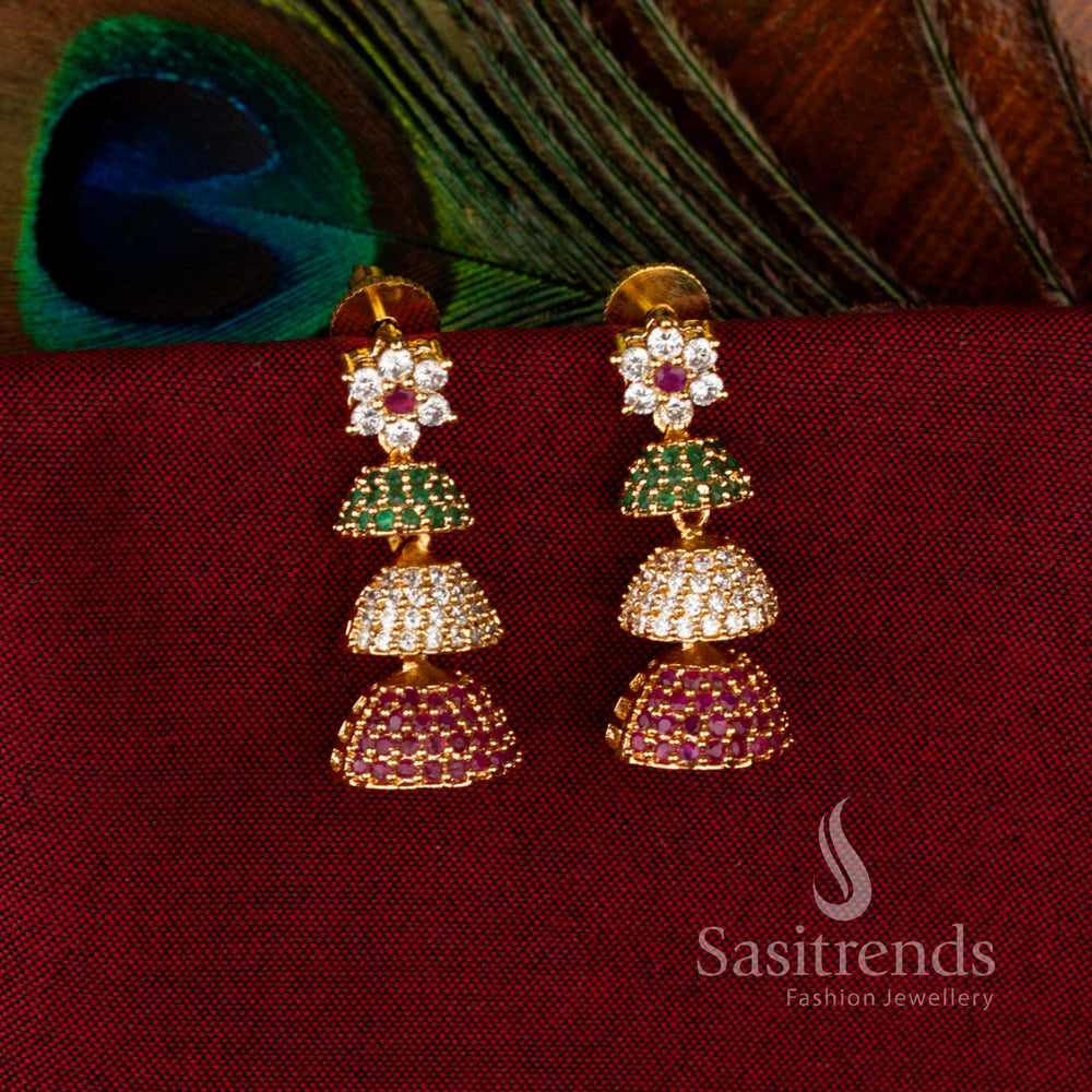 Festive Gold Plated Brass Triple-Layer Jhumkas Adorned with Multi-Colour American Diamonds, Ideal Jewellery for Parties, Festivals, and Celebrations – Sasitrends