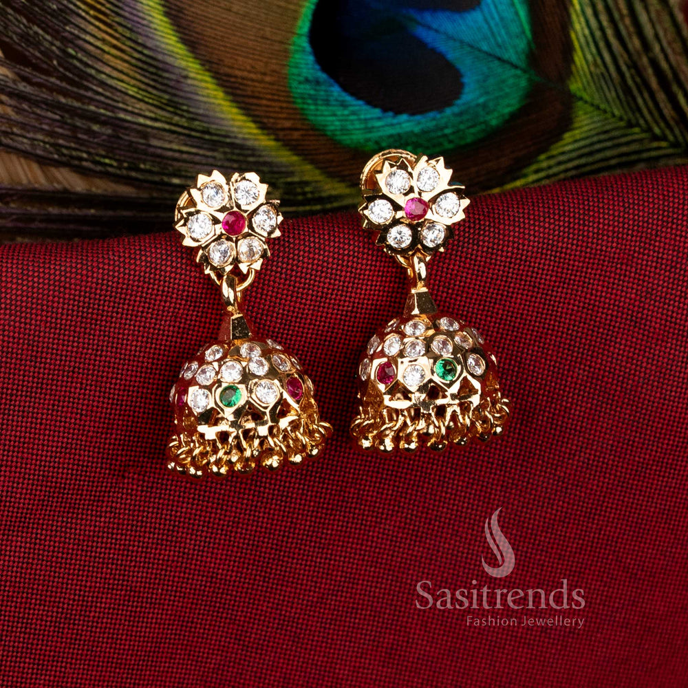 Multi coloured floral stud jhumka earrings micro gold plated for vibrant festival styling – Sasitrends