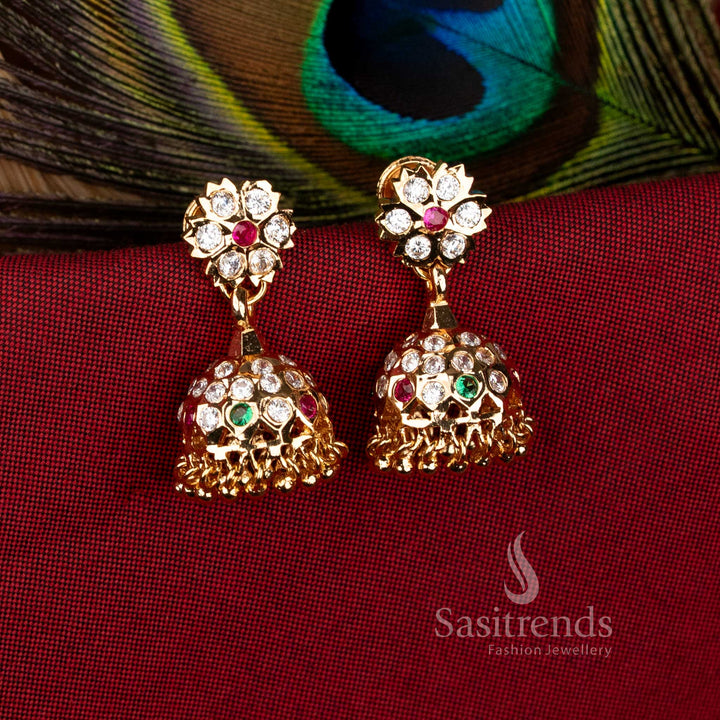 Multi coloured floral stud jhumka earrings micro gold plated for vibrant festival styling – Sasitrends