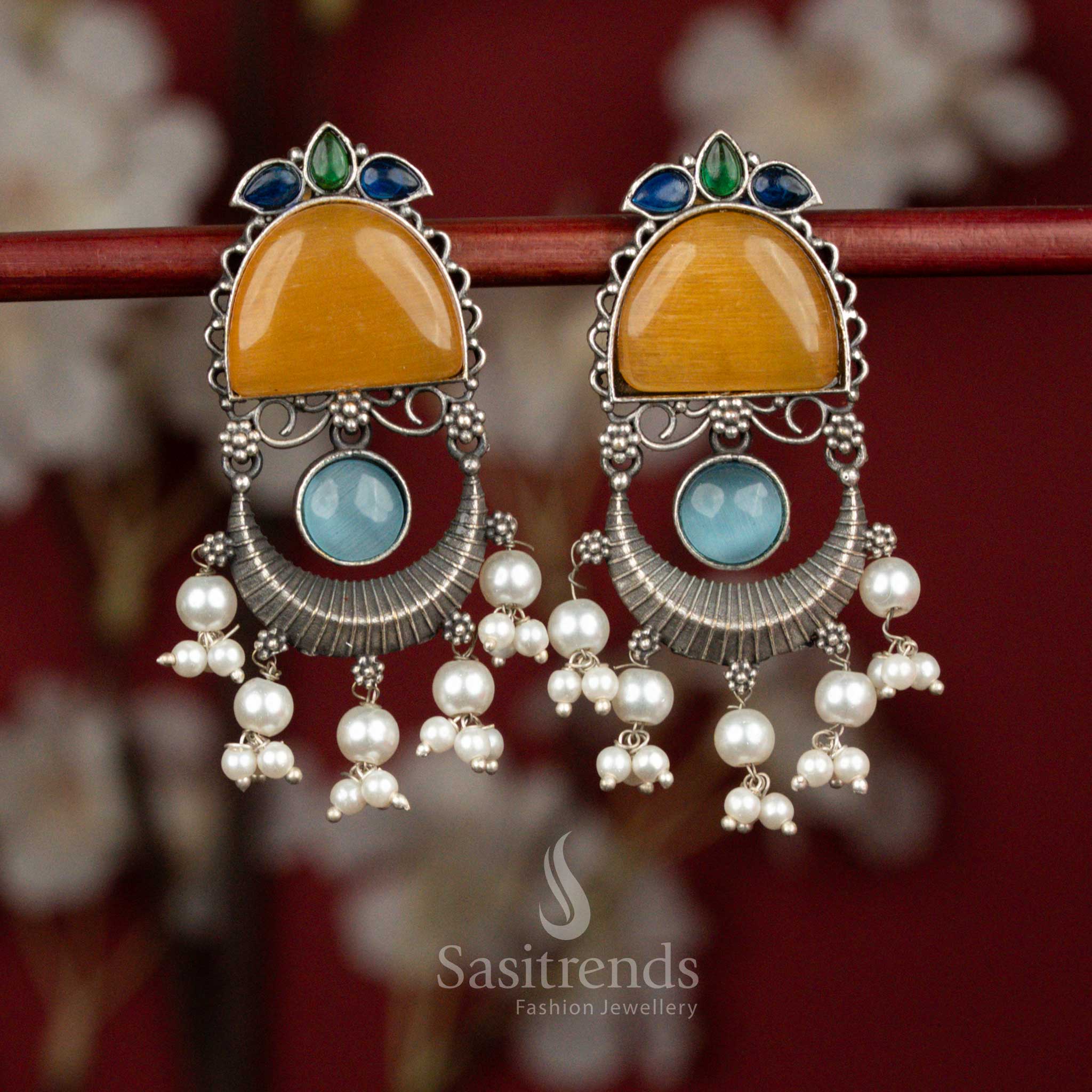 Multi colour antique oxidised silver monalisa stone arch crescent pearl tassel earrings for party wear - jewellery - Sasitrends