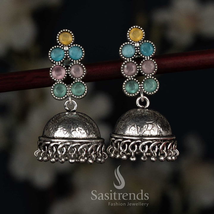 Vivid oxidised round stone jhumka earrings multi colour for ethnic festival styling Sasitrends