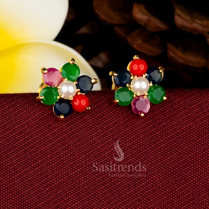 Majestic pearl navarathna circular AD stone floral stud earrings micro gold plated ideal for celebrations – Sasitrends