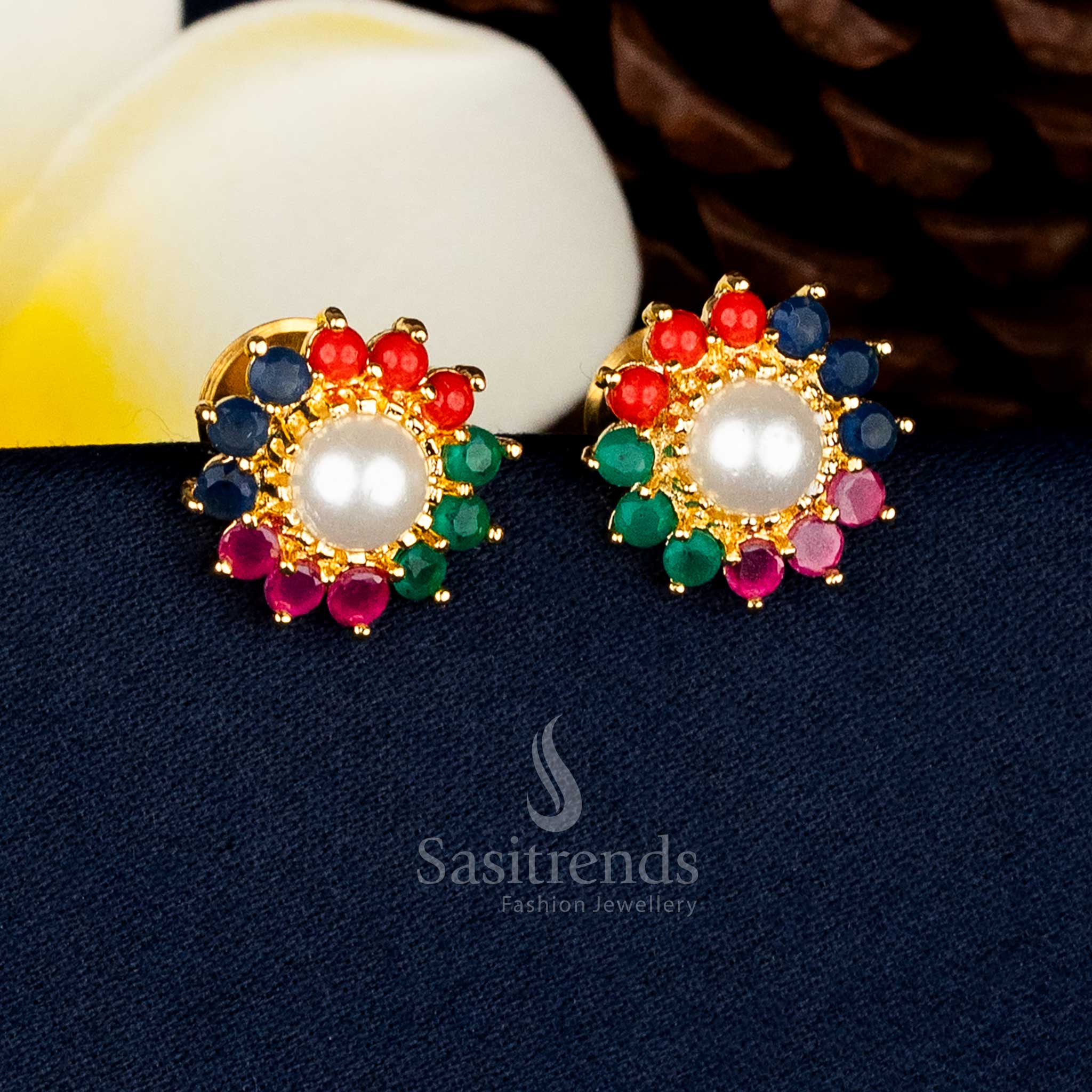 Radiance pearl navarathnam micro gold plated round flower AD stone and pearl stud earrings with festive elegance – Sasitrends
