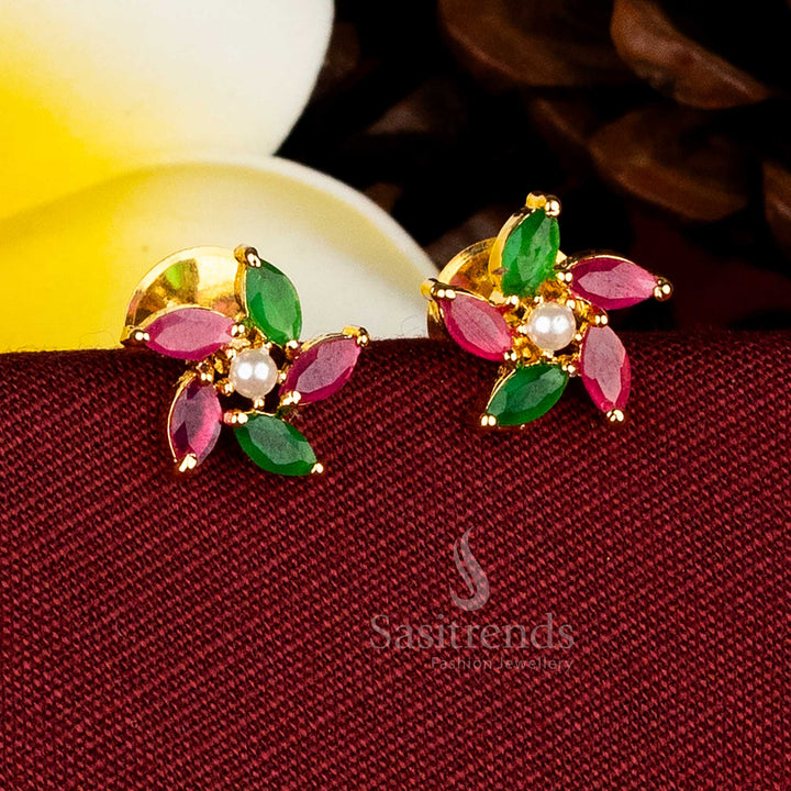 Pearl ruby green drop flower stud earrings micro gold plated vibrant appeal for celebrations – Sasitrends