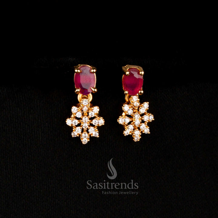 Radiant festival-ready micro gold plated American Diamond earrings set with vibrant white-ruby coloured oval stones, giving a lively designer accent for grand celebrations – Sasitrends