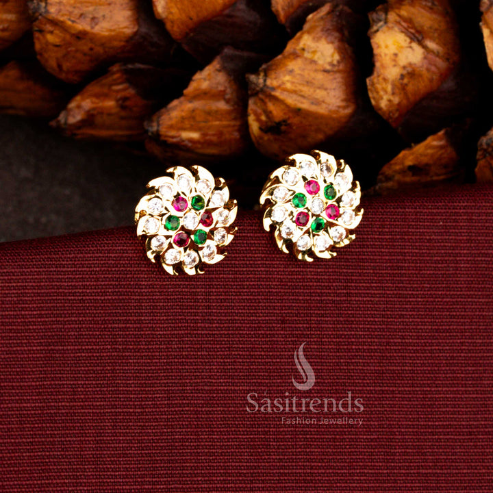 Multi colour floral sunburst whirlwind screw stud earrings showcasing Impon inspired micro gold plated luxury design, perfect for festive occasions, temple visits and traditional ceremonies – Sasitrends