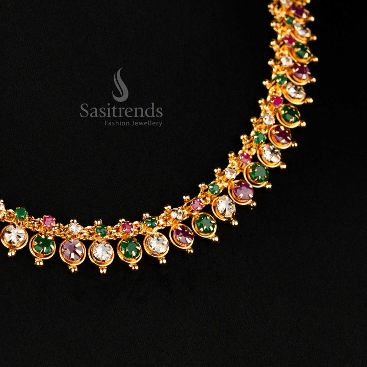 Royal-finish micro gold plated necklace with fixed multicolour AD stones in a unique fusion design, offering a statement ethnic jewellery style for special occasions – curated by Sasitrends
