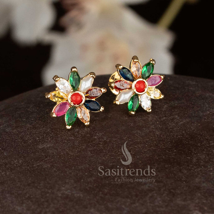 Glittering micro gold daisy floral studs with multi gem Navarathnam embellishments for traditional occasions - Sasitrends