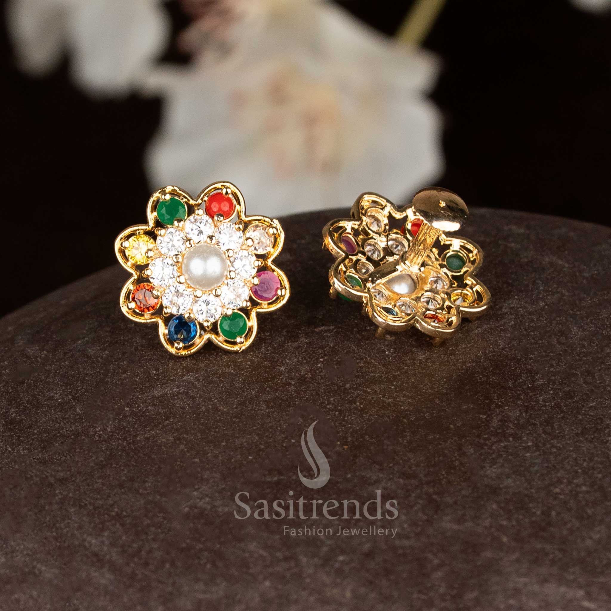 Glittering micro gold floral earrings with multi gem Navarathnam stones for traditional festive occasions - Sasitrends