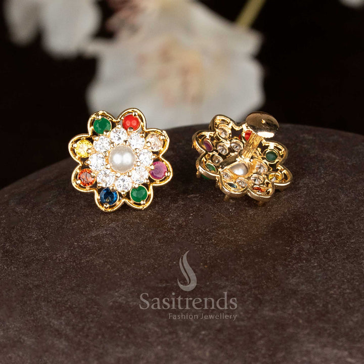 Glittering micro gold floral earrings with multi gem Navarathnam stones for traditional festive occasions - Sasitrends