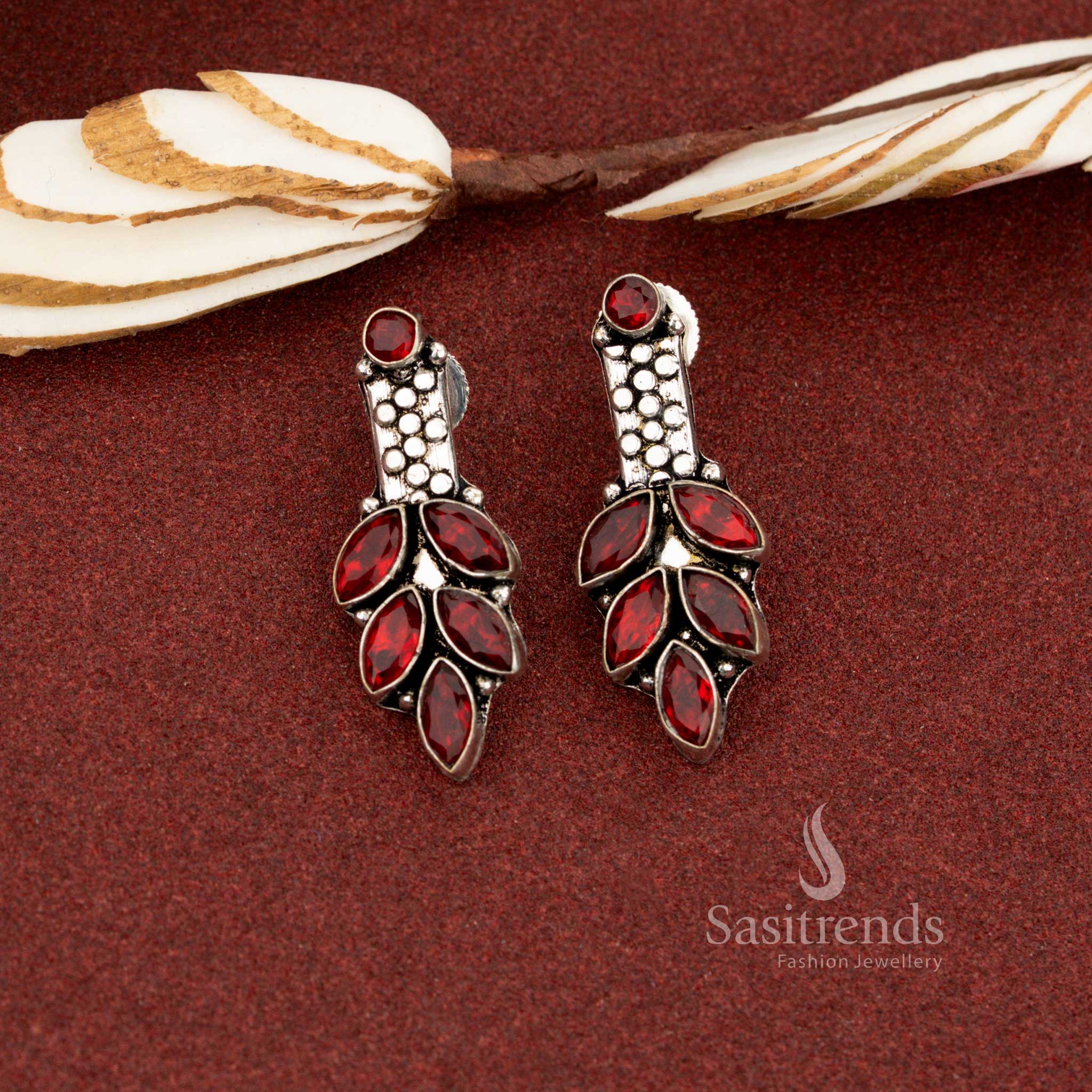 Confident red oxidised marquise leaf cluster stone earrings designed for statement office wear and power dressing – Sasitrends