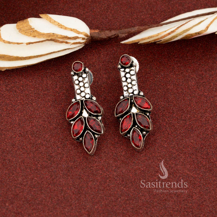Confident red oxidised marquise leaf cluster stone earrings designed for statement office wear and power dressing – Sasitrends