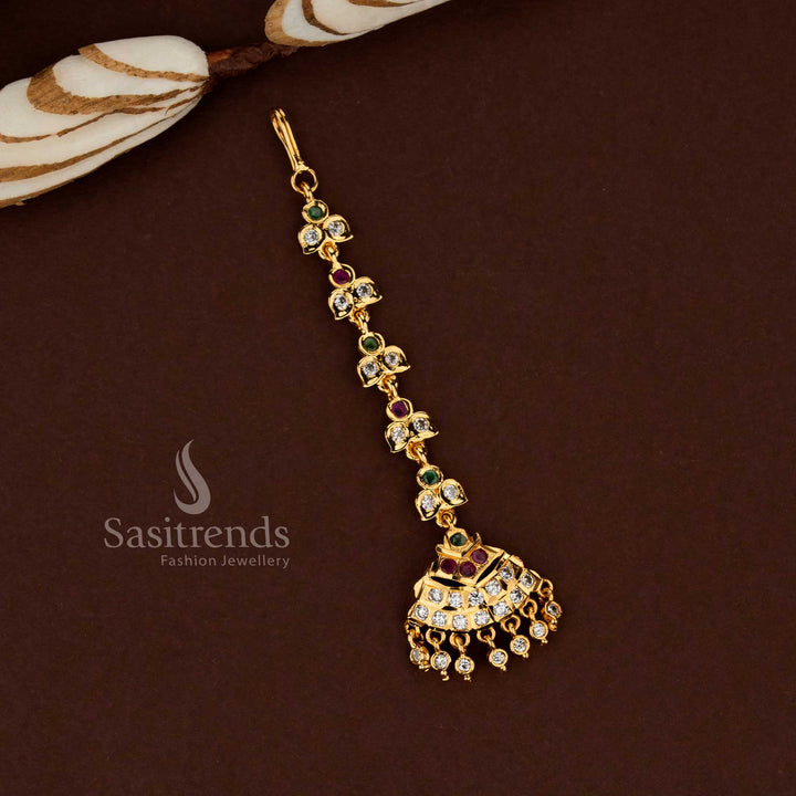 Contemporary multi colour tribal design Impon micro gold plated AD maang tikka crafted for modern bridal styling festive gatherings and ethnic fashion wear - Sasitrends