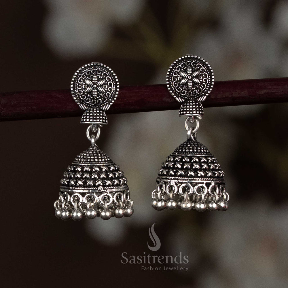 Refined Oxidised Silver Dome Jhumka Earrings With Intricate Metalwork And Statement Fringe Drops, Radiating Artistic Sophistication With Every Turn – Sasitrends